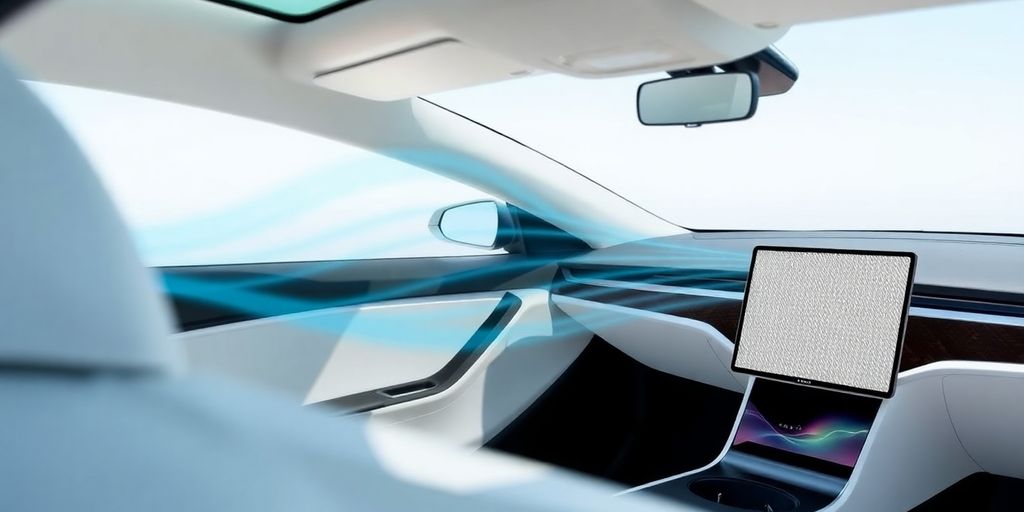 Interior of Tesla with HEPA air filter visible.