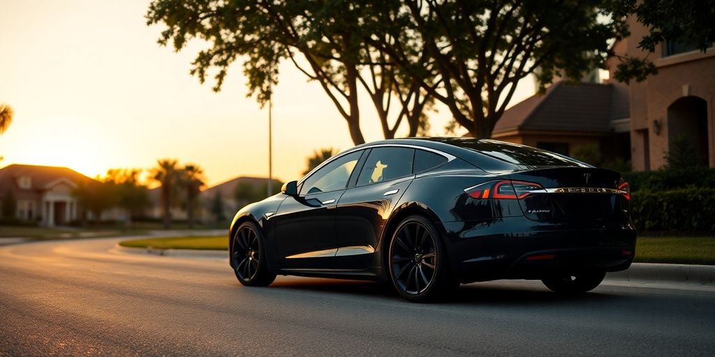 Stylish Tesla parked in a scenic neighborhood at sunset.