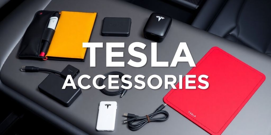 Collection of useful Tesla accessories on a stylish background.