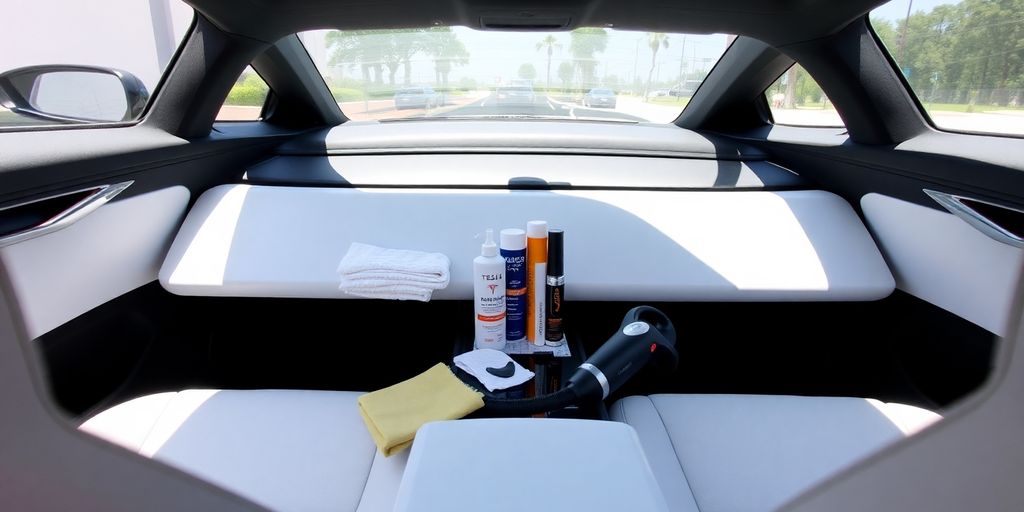 Sleek Tesla interior, cleaning supplies, shiny exterior.