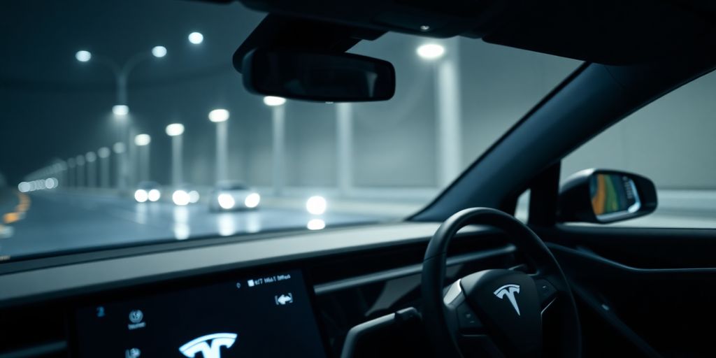 Close-up: sleek Tesla interior, glowing dashboard.