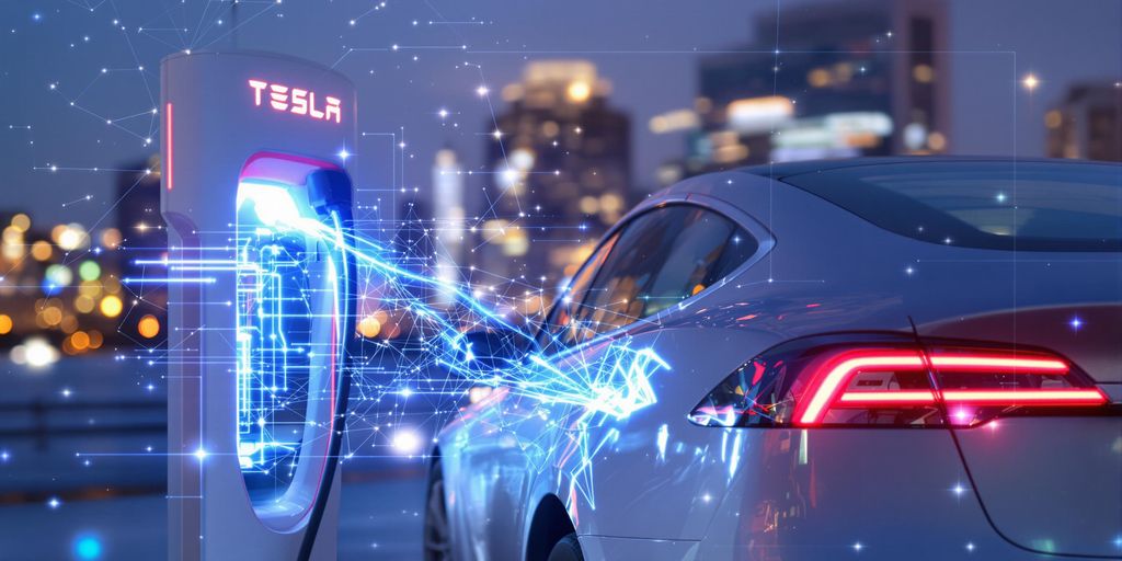 Futuristic car, charging station, data overlay