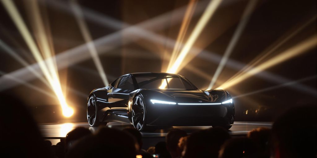 Futuristic car, light beams, crowd