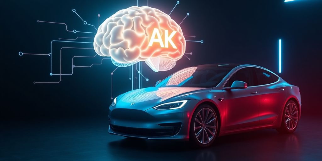 Grok AI brain connecting with Tesla car.